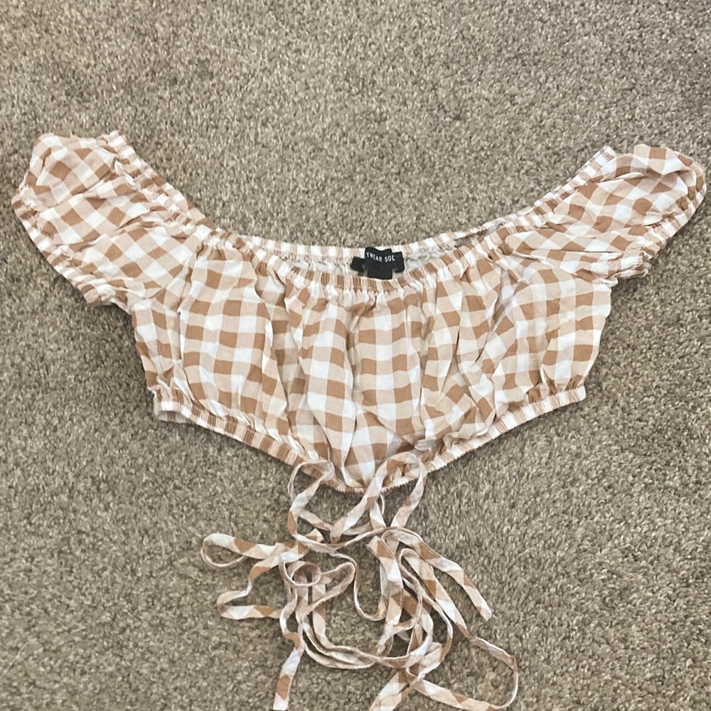 Brown and White Gingham Off-Shoulder Top